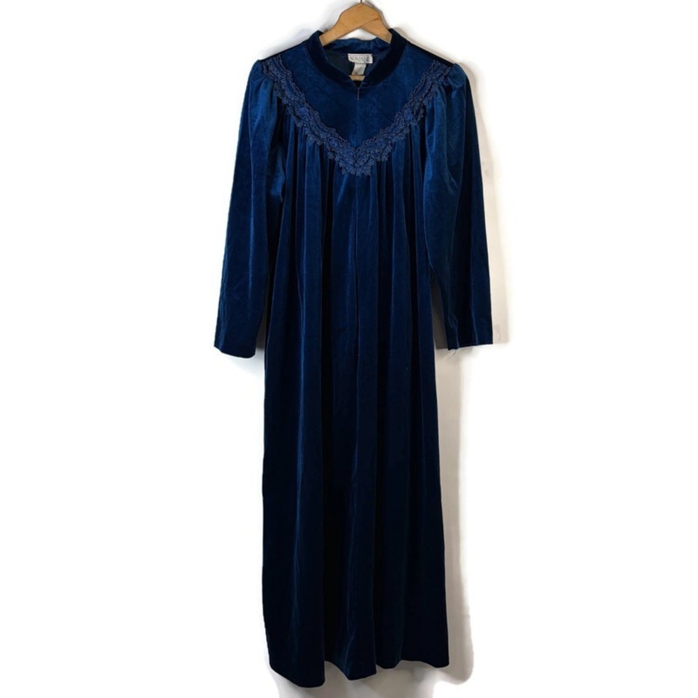 Komar Nightgown Women XL Blue Velvet Lace Trim Vintage Maxi Robe USA Made